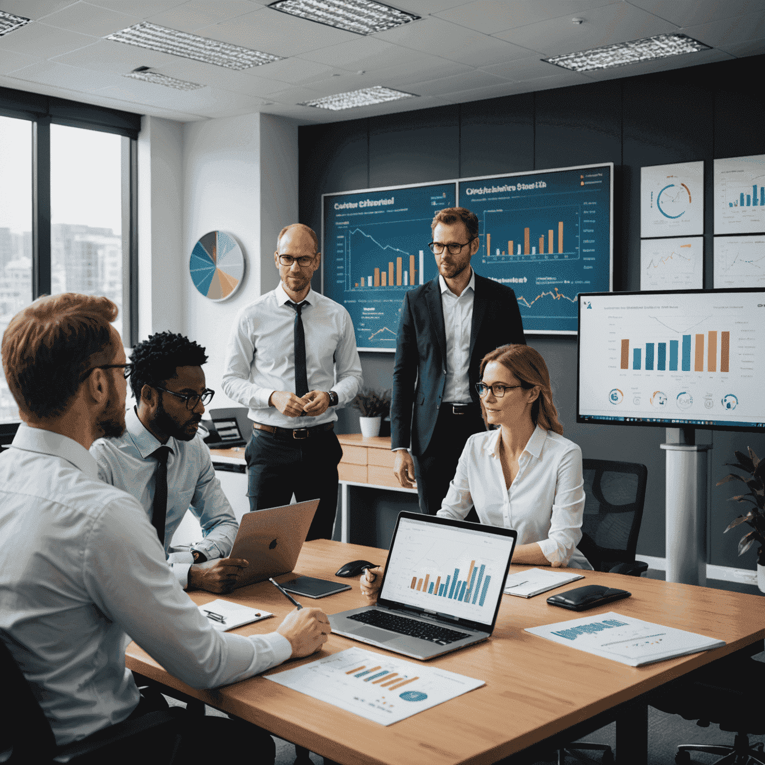 The signifycheetah team discussing public investment strategies in a modern office setting, with charts and graphs visible on screens in the background. The image conveys a sense of professionalism and expertise in the field of public finance and investments.