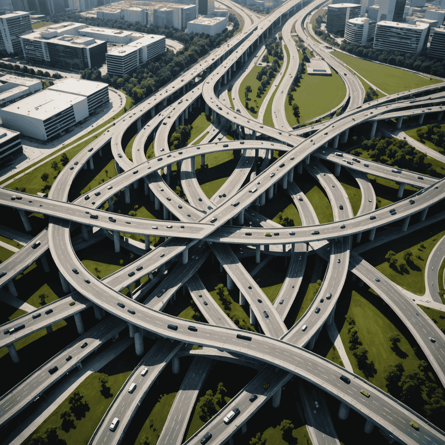 A modern highway interchange with multiple levels of roads and bridges, symbolizing complex public infrastructure investments