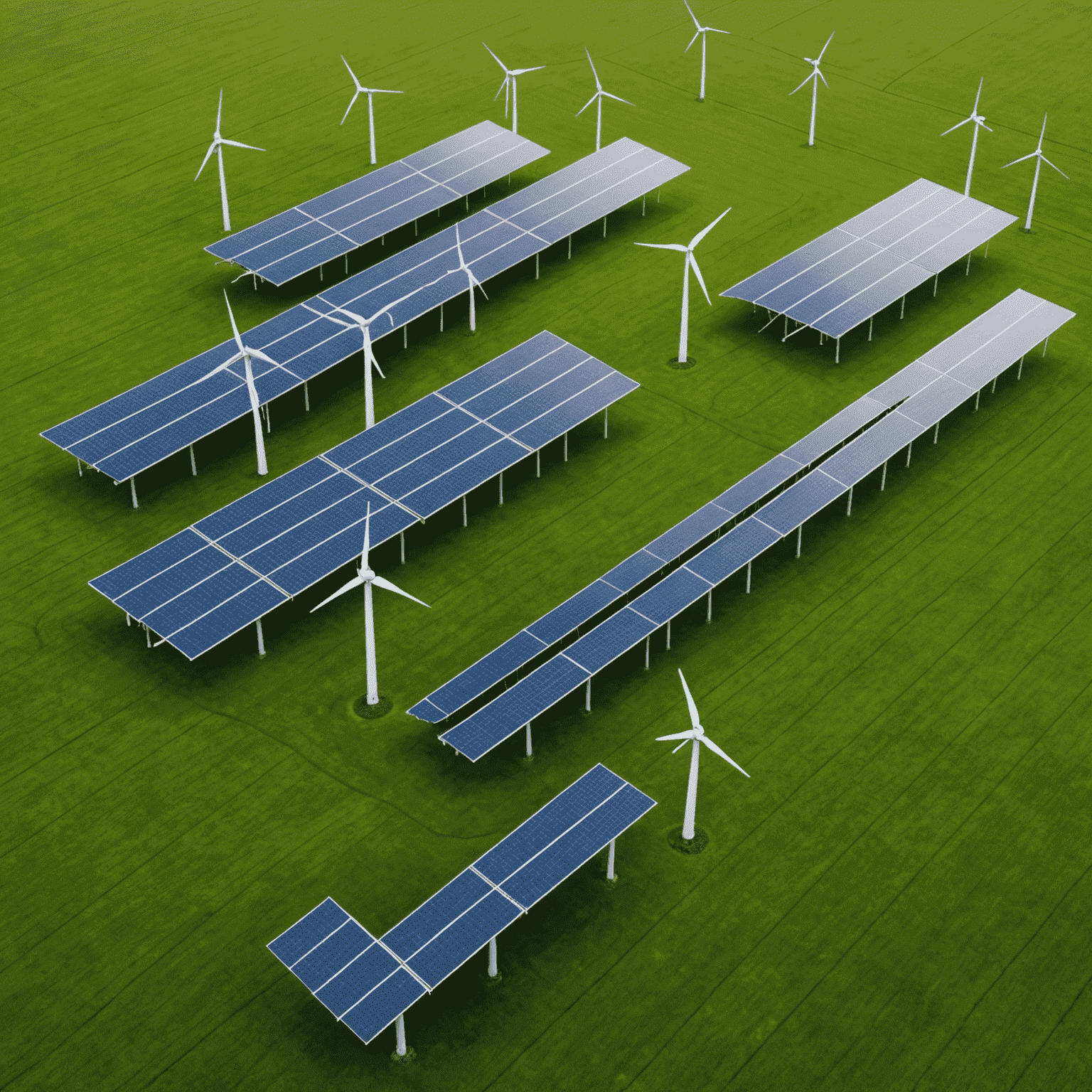 Solar panels and wind turbines in a green field, symbolizing renewable energy investments