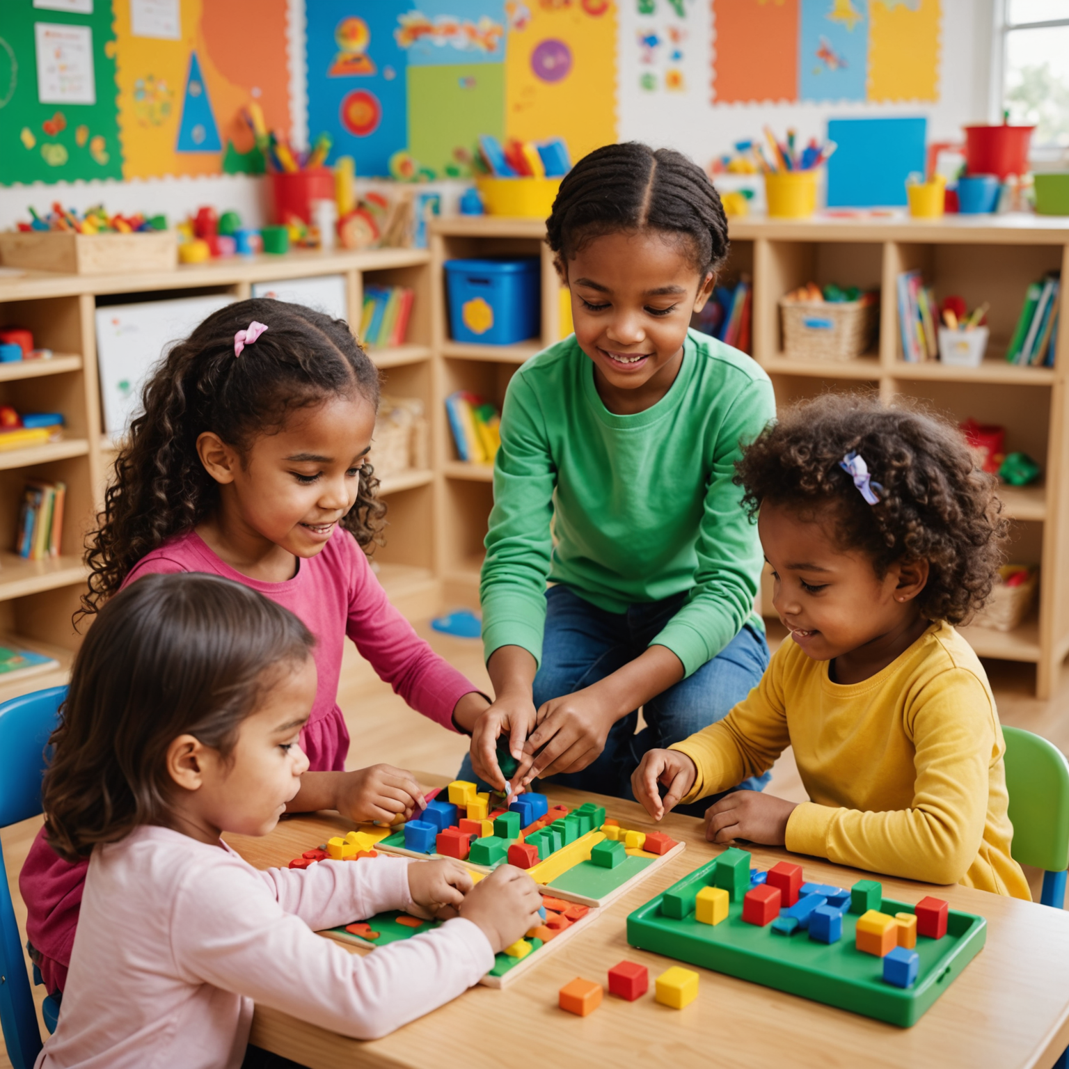 Young children engaged in interactive learning activities in a colorful preschool setting