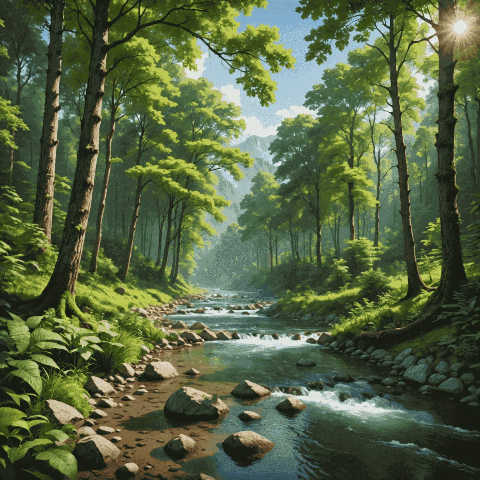 A lush forest with a clean river, representing the environmental benefits of renewable energy