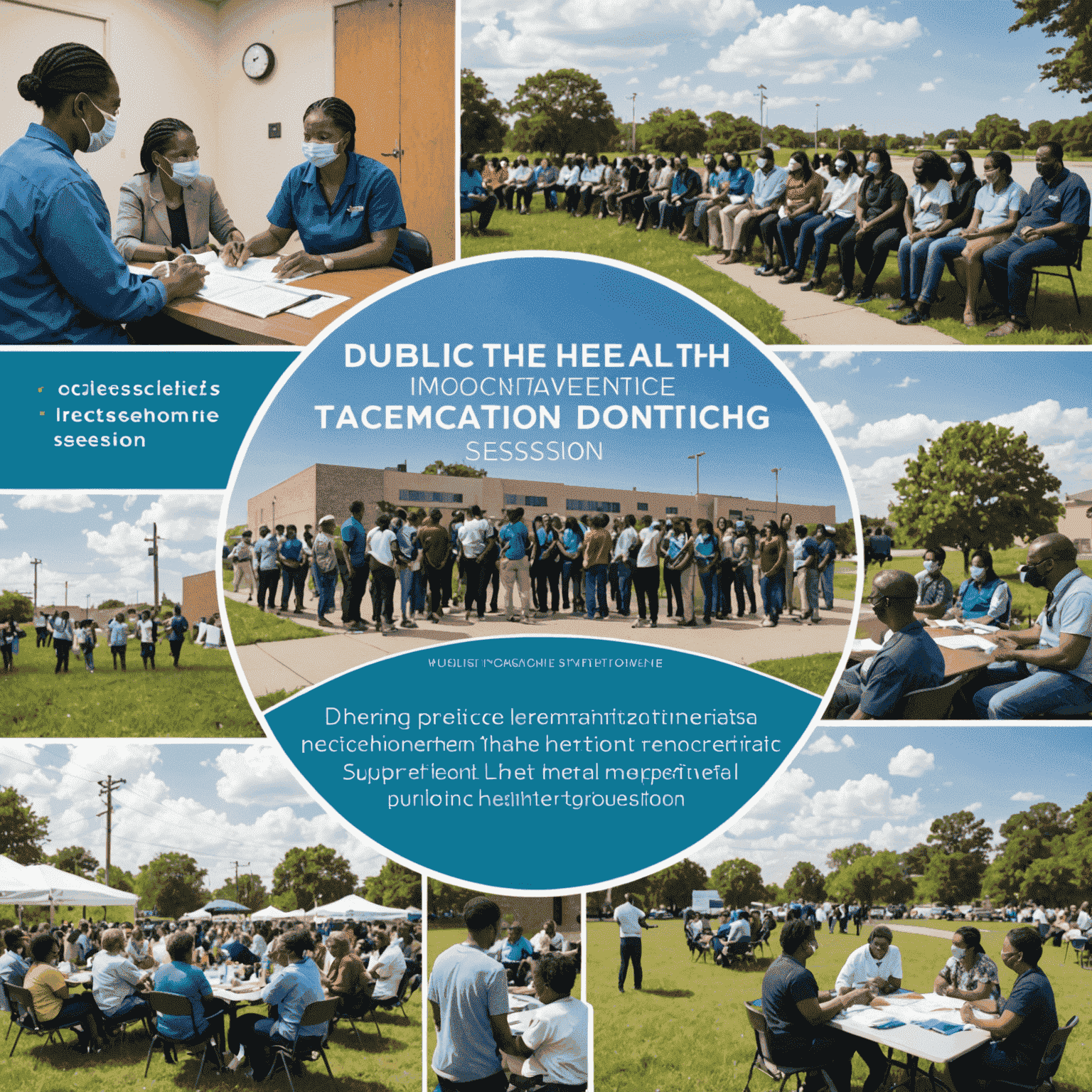 A collage showing various public health initiatives: a vaccination clinic, a health education seminar, environmental cleanup efforts, and a mental health support group session. The image illustrates the diverse areas where public health investments can make a significant impact.