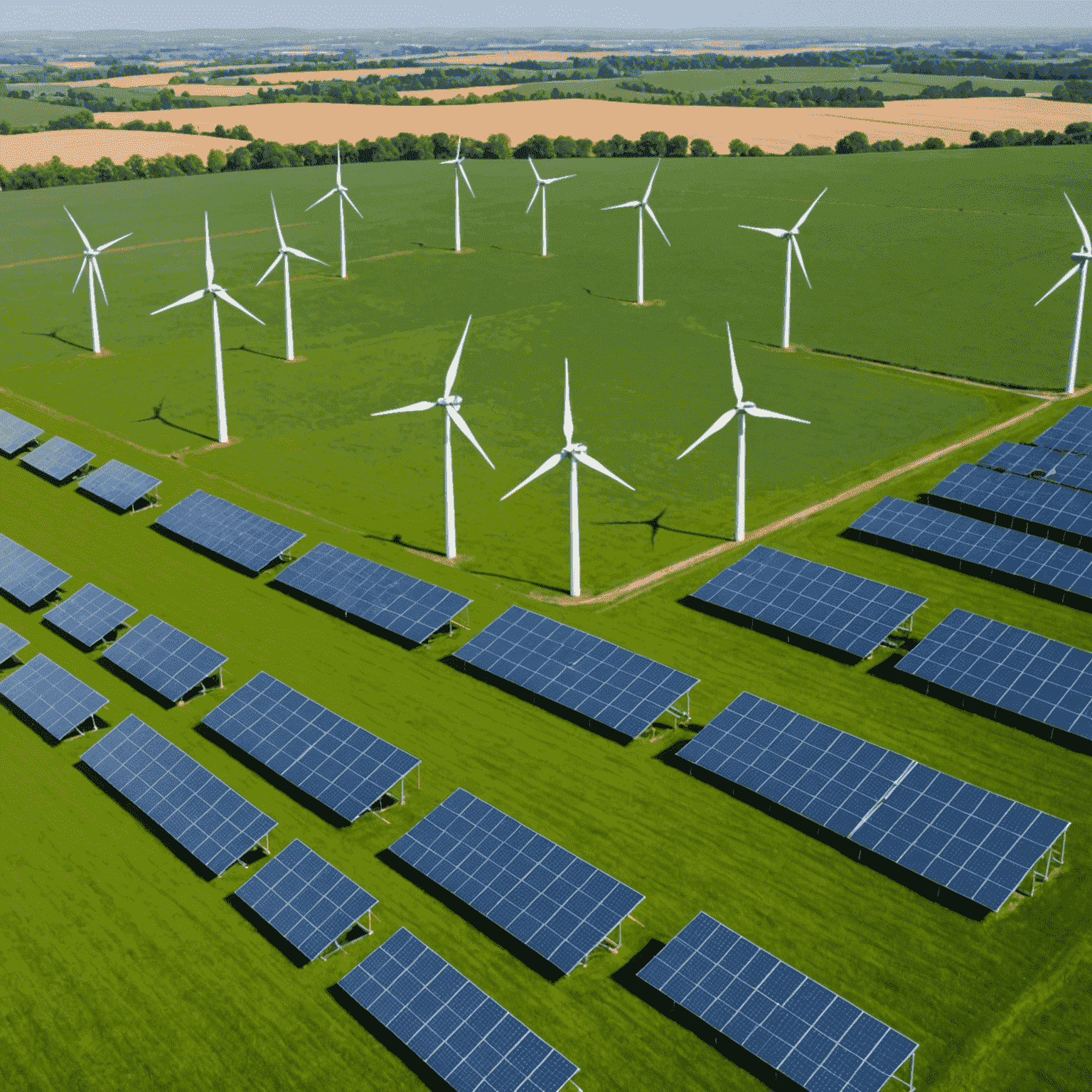 Image of solar panels and wind turbines in a green field, illustrating government investment in renewable energy