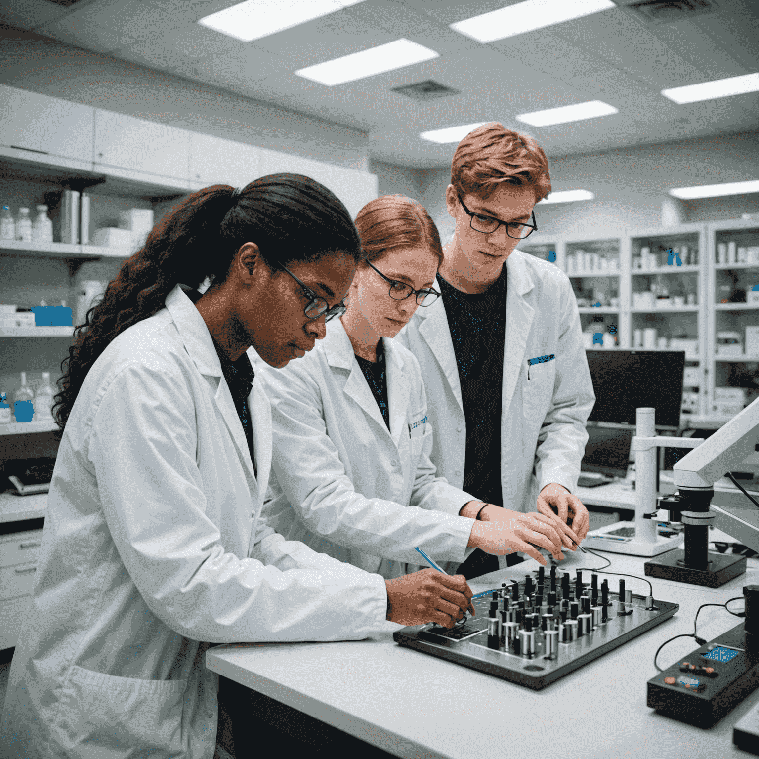 University students collaborating on a research project in a state-of-the-art laboratory